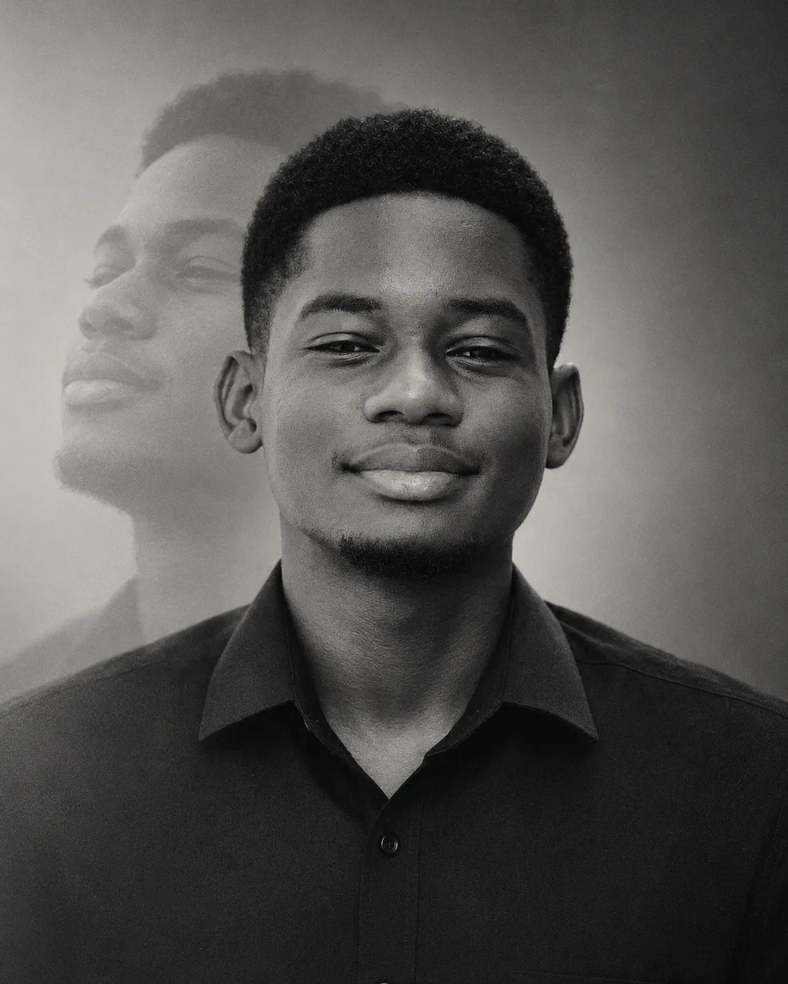 Harry Mbwasi in a black-and-white double-exposure portrait, facing the camera with a profile silhouette behind him.