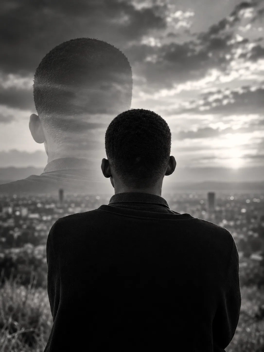 Harry Mbwasi seen from behind looking over a city, with a second silhouette blended into the cloudy sky.