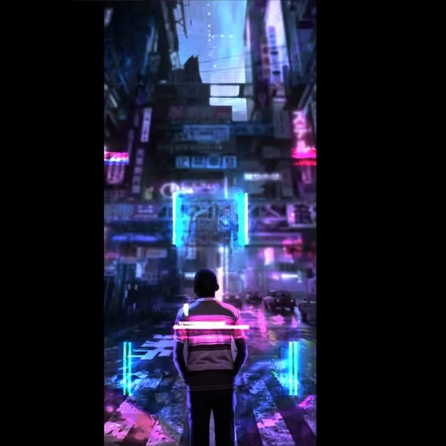 A figure walking away down a neon-lit street between tall buildings.
