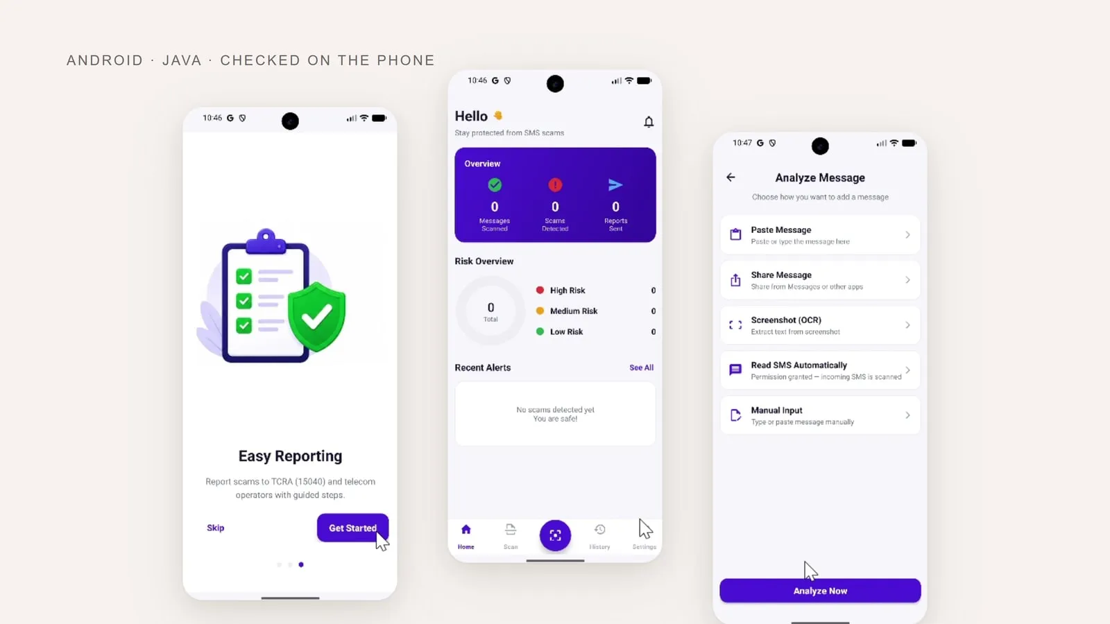 Three ScamShield screens: the onboarding card explaining reporting to the TCRA, the home dashboard with messages scanned and a risk breakdown, and the Analyze Message screen listing five ways to submit a message.