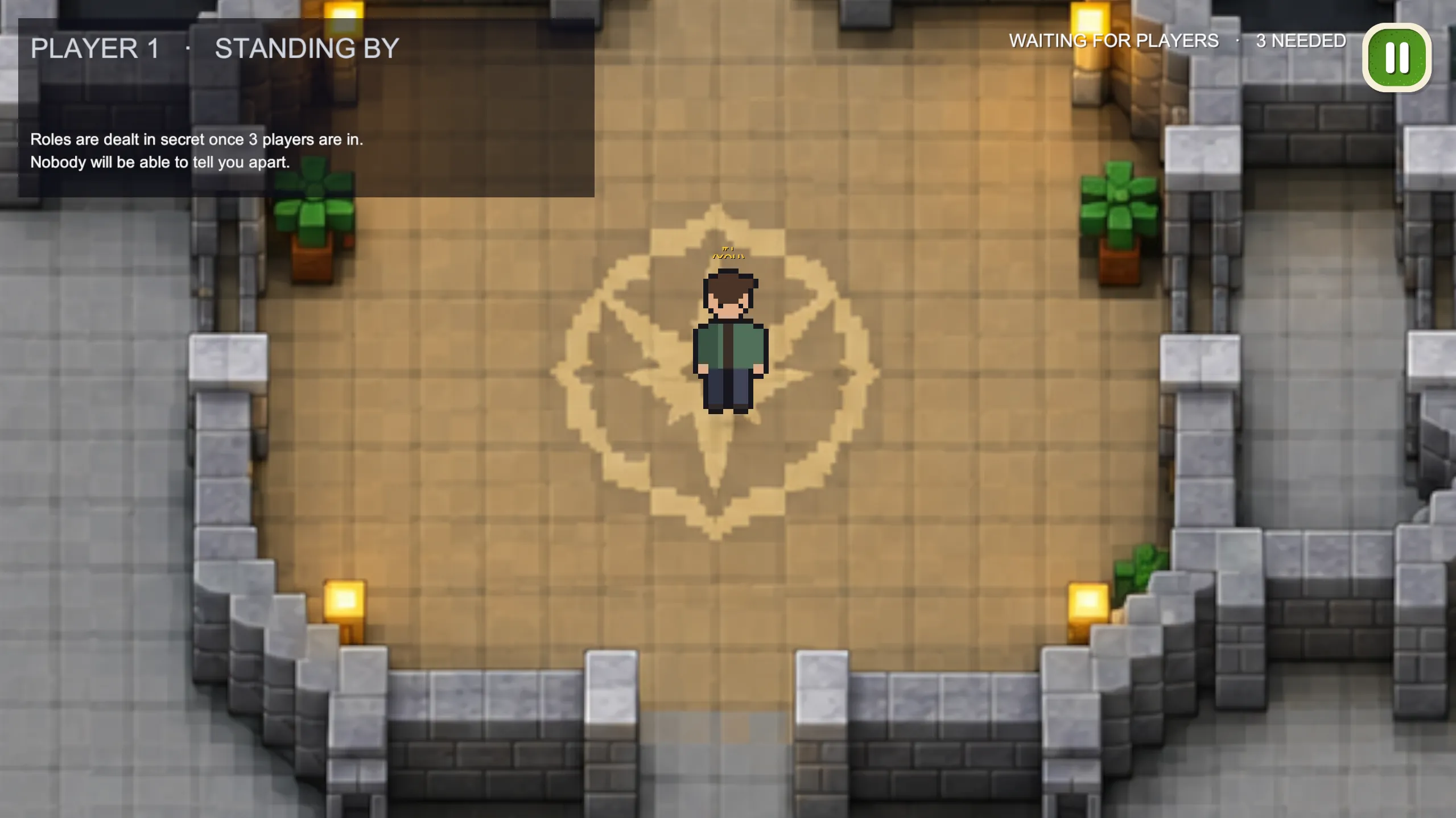 The Outbreak lobby: a pixel-art player stands in a stone-walled bunker while the interface waits for three players and explains that roles are assigned in secret.